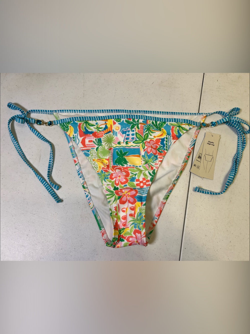 NOBO Multicolor Tropical Floral Tie-Side Bikini Bottom with Blue Trim